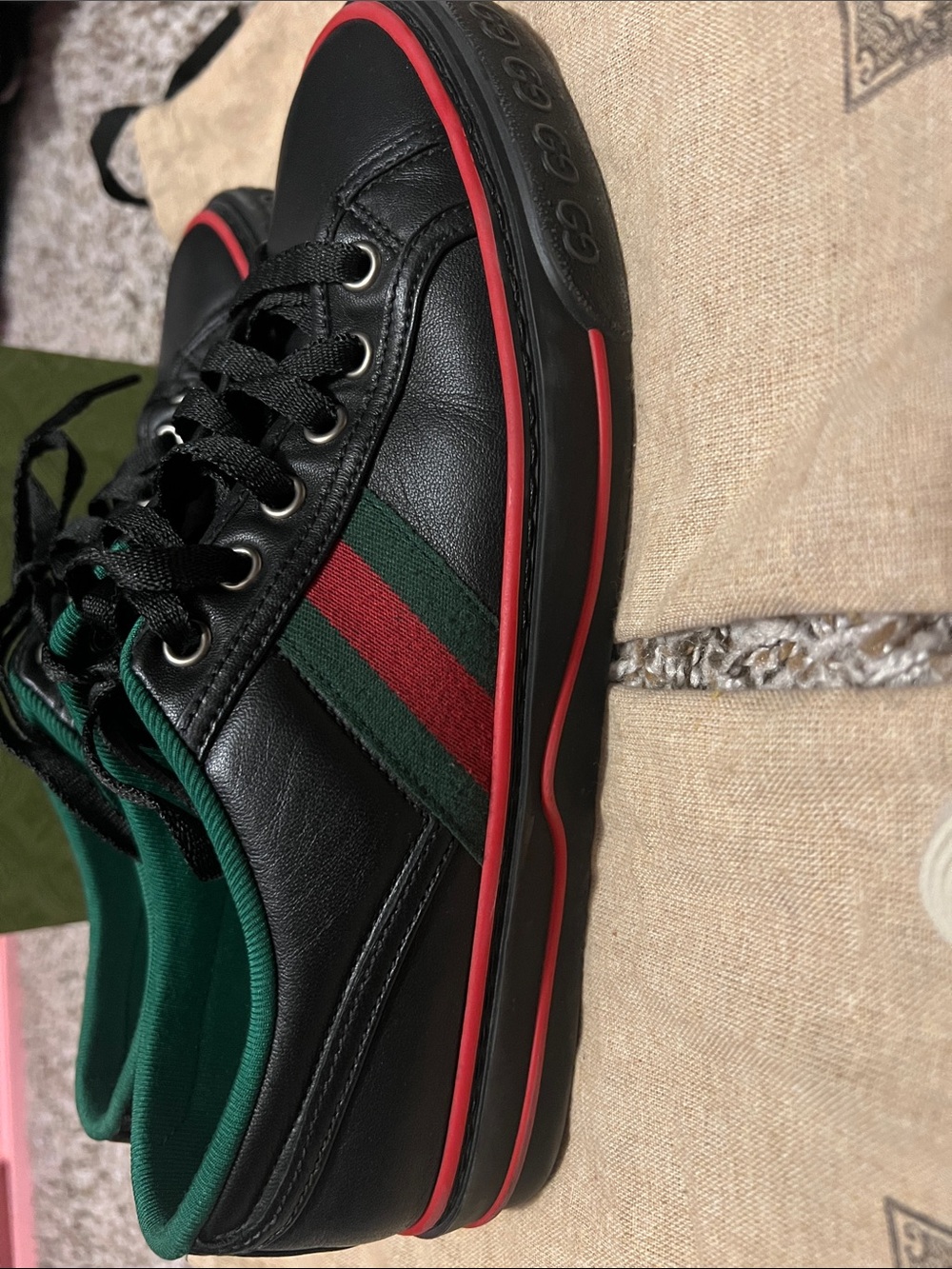 Gucci  Black Leather Sneakers with Red Trim & Green Stripe - Picture 3 of 7